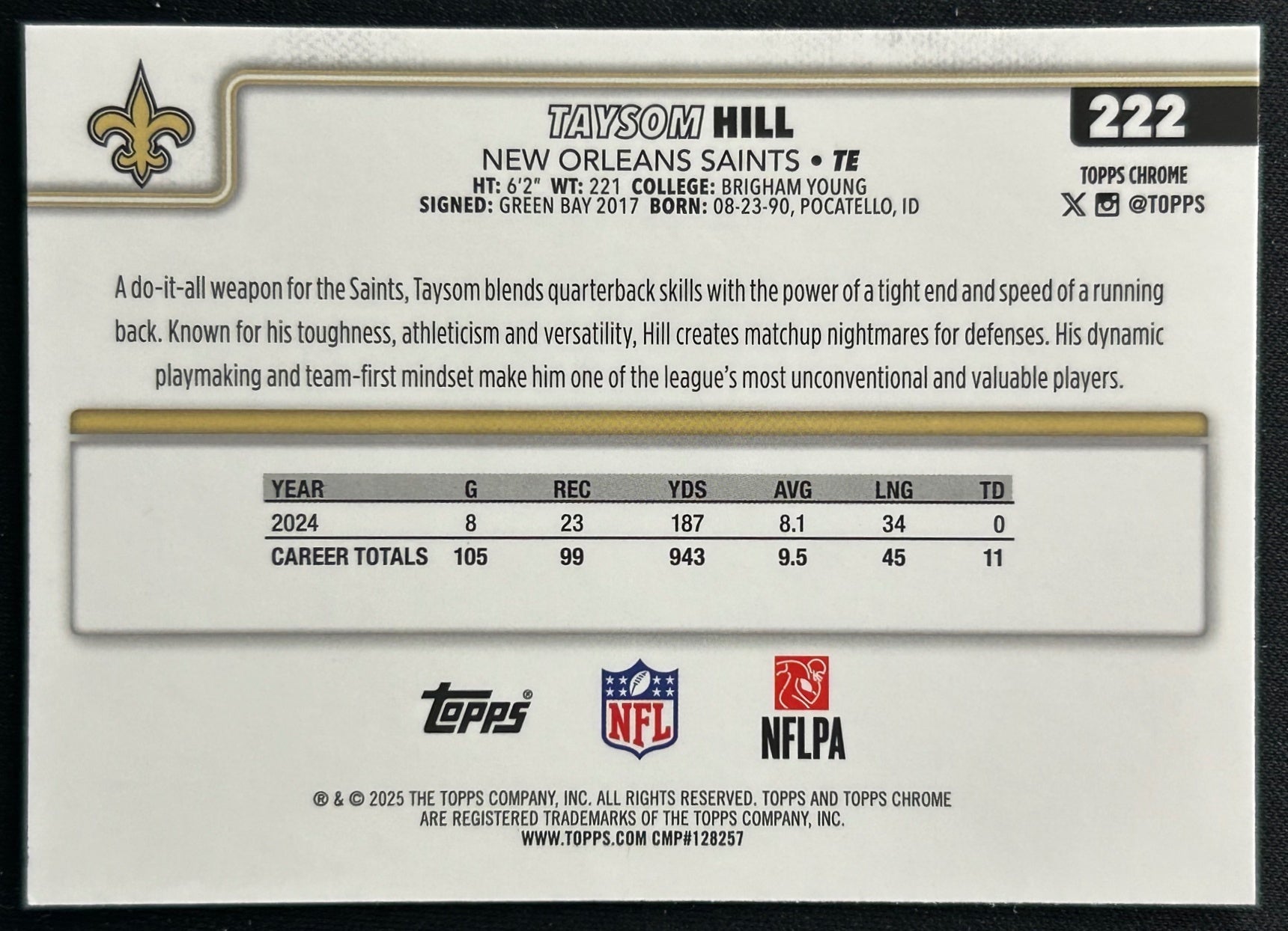 Taysom Hill 2025 Topps Chrome Saints Sports Trading Cards