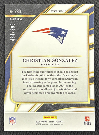 Christian Gonzalez 2025 Panini Select Club Level Copper Prizm Shock /899 Patriots