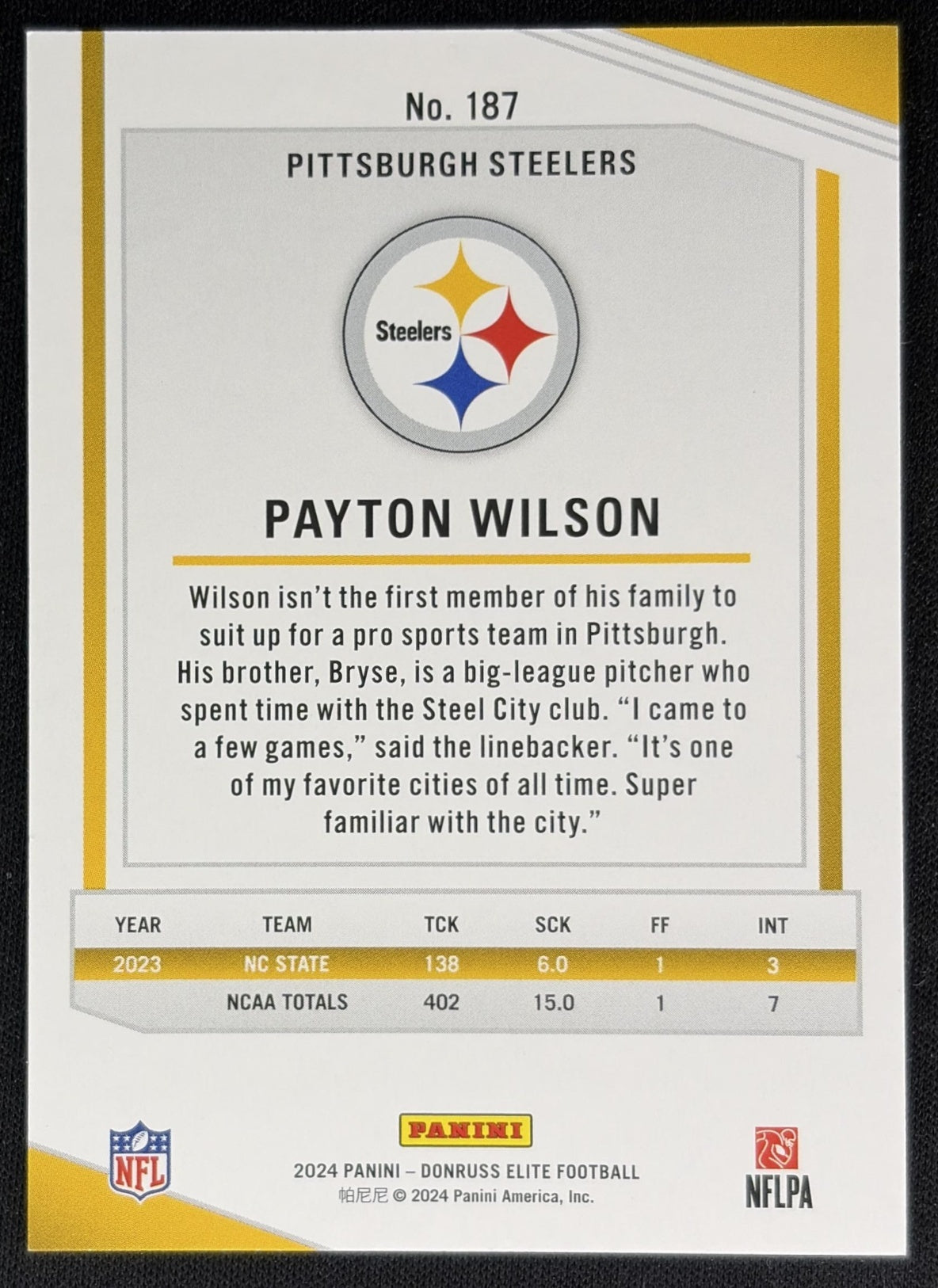 Payton Wilson 2024 Panini Donruss Elite Status Explosion /875 Steelers back