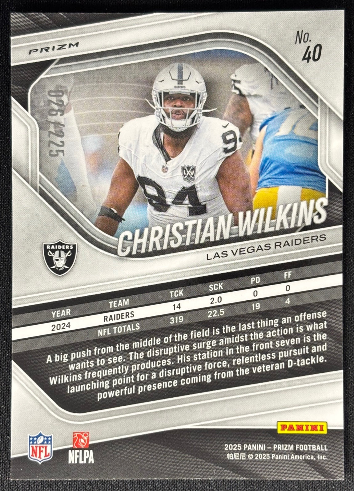 Christian Wilkins 2025 Prizm Purple Ice Prizms /225 Raiders - Back