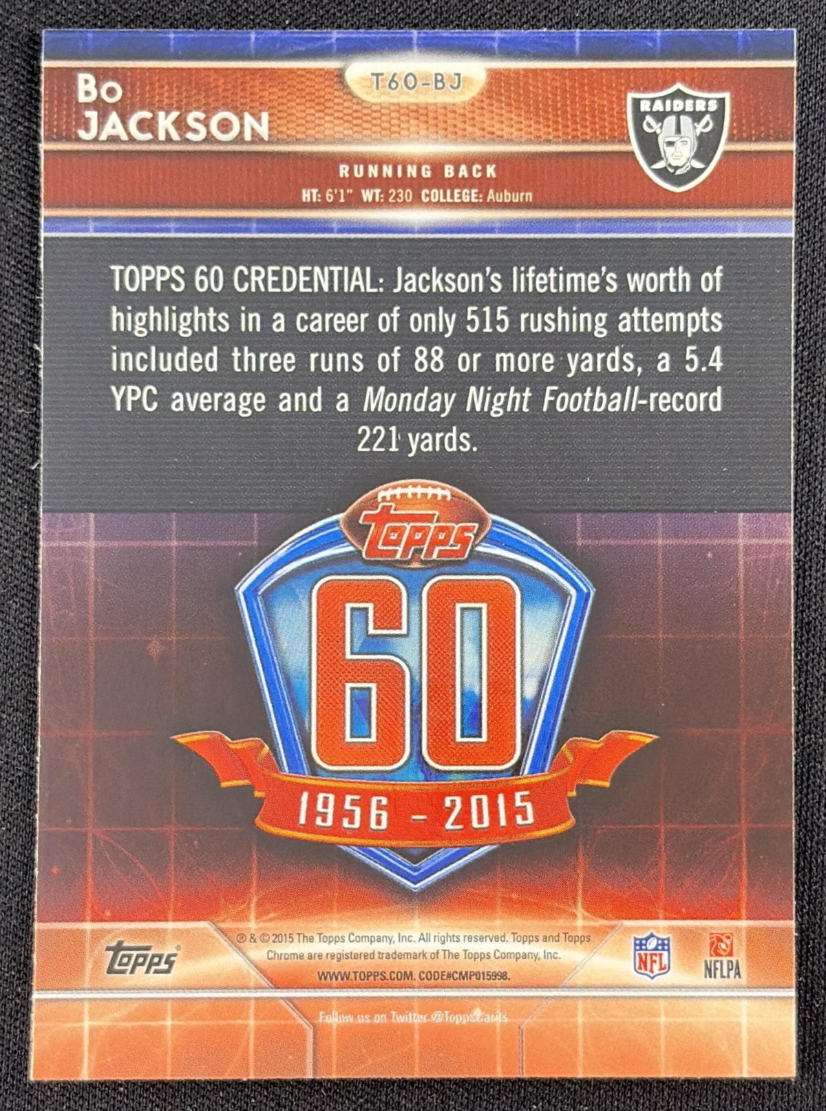 Bo Jackson 2015 Topps Chrome 60th Anniversary Raiders