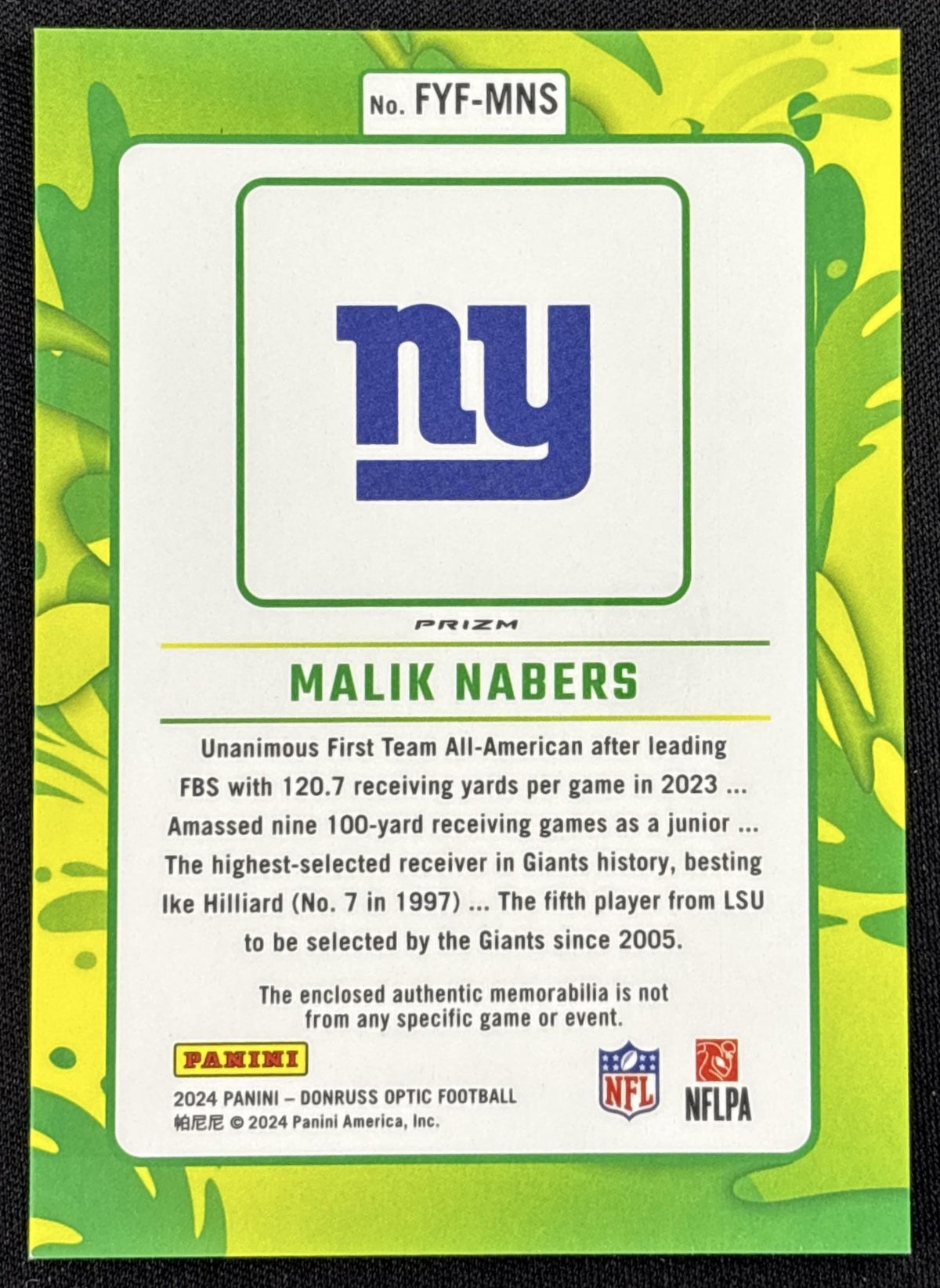 Malik Nabers 2024 Panini Donruss Optic First Year Fresh Blue Hyper Giants
