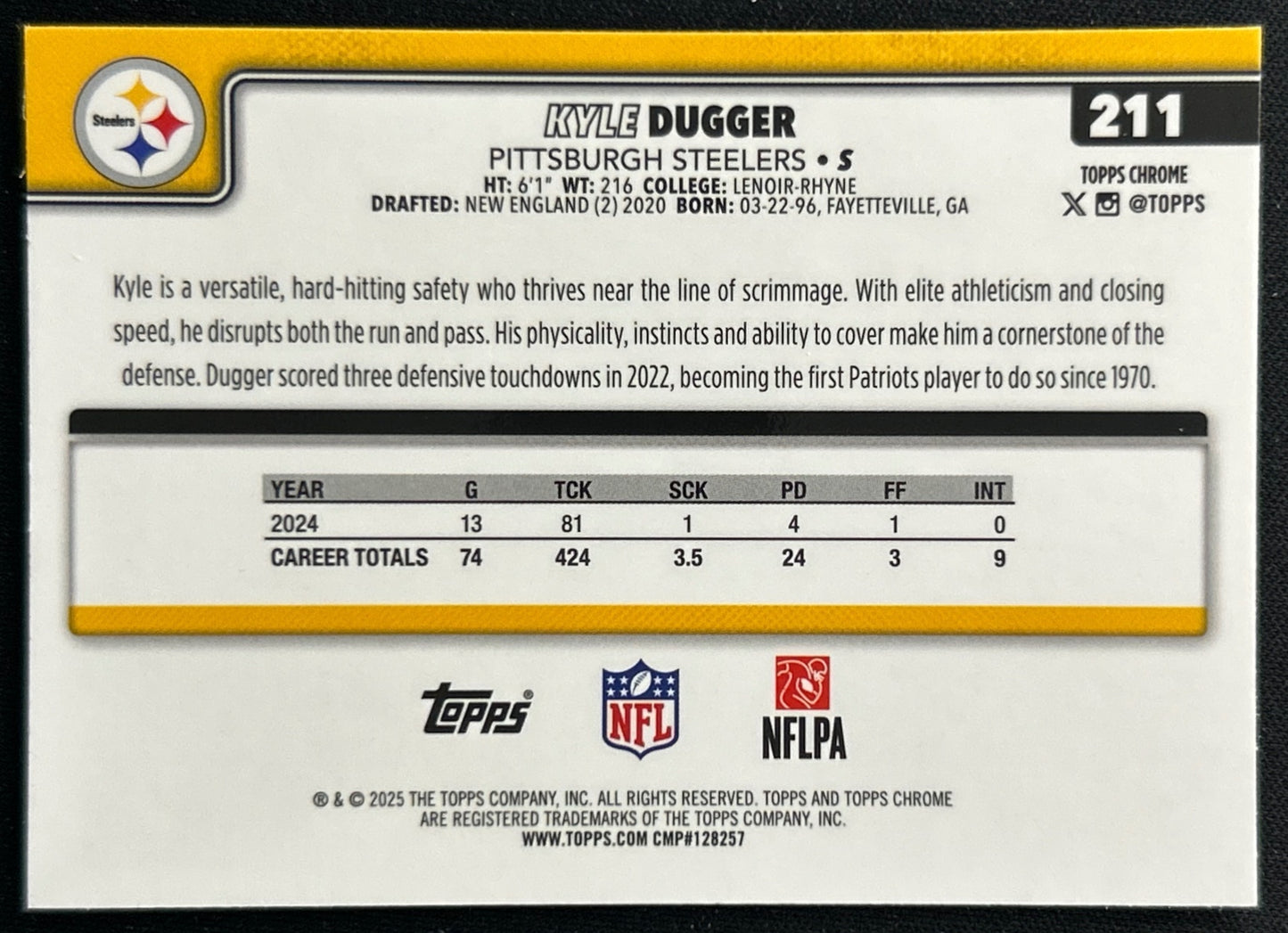 Kyle Dugger 2025 Topps Chrome Steelers Sports Trading Cards