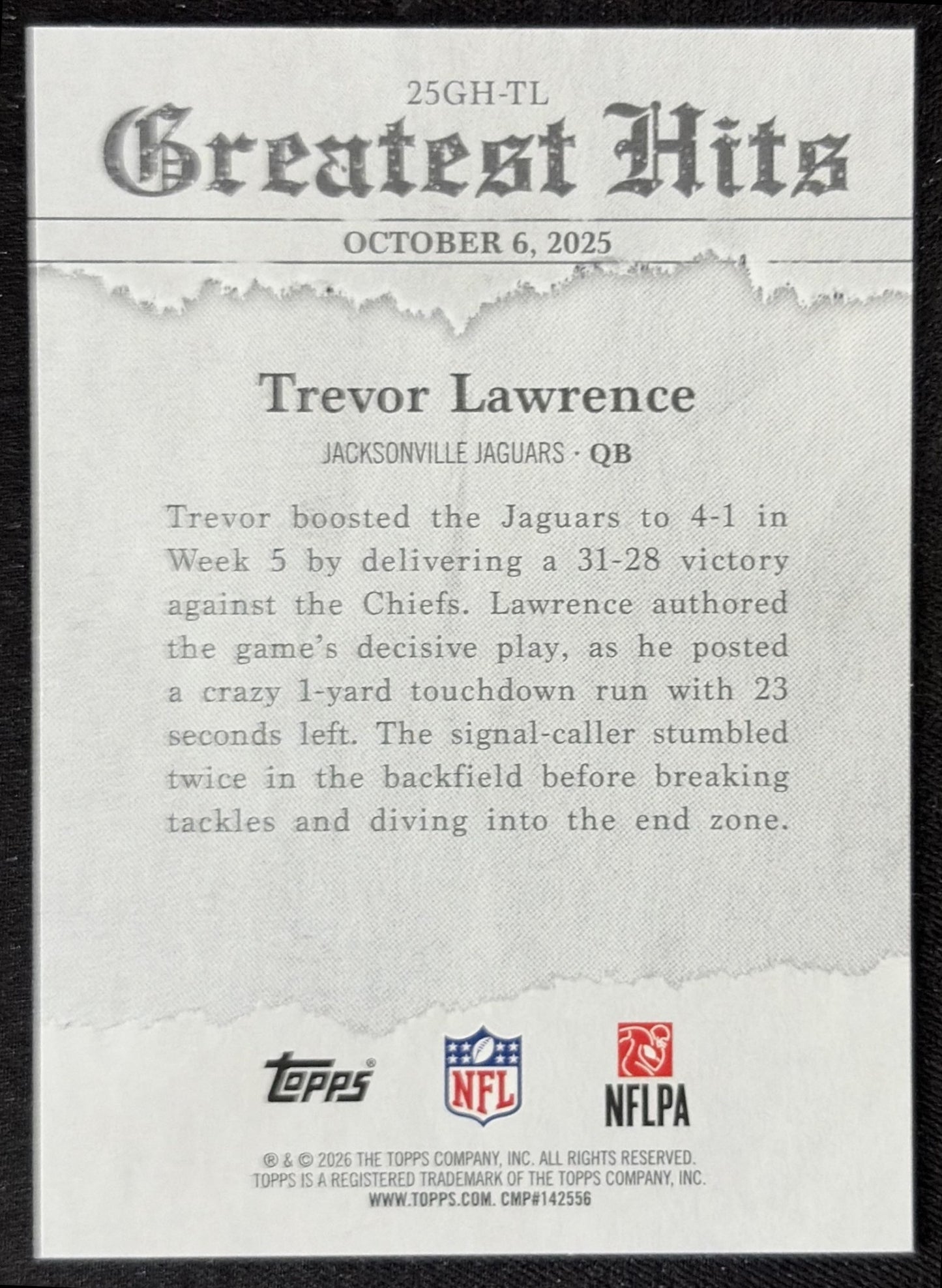 Trevor Lawrence 2026 Topps 2025 Greatest Hits Jaguars back