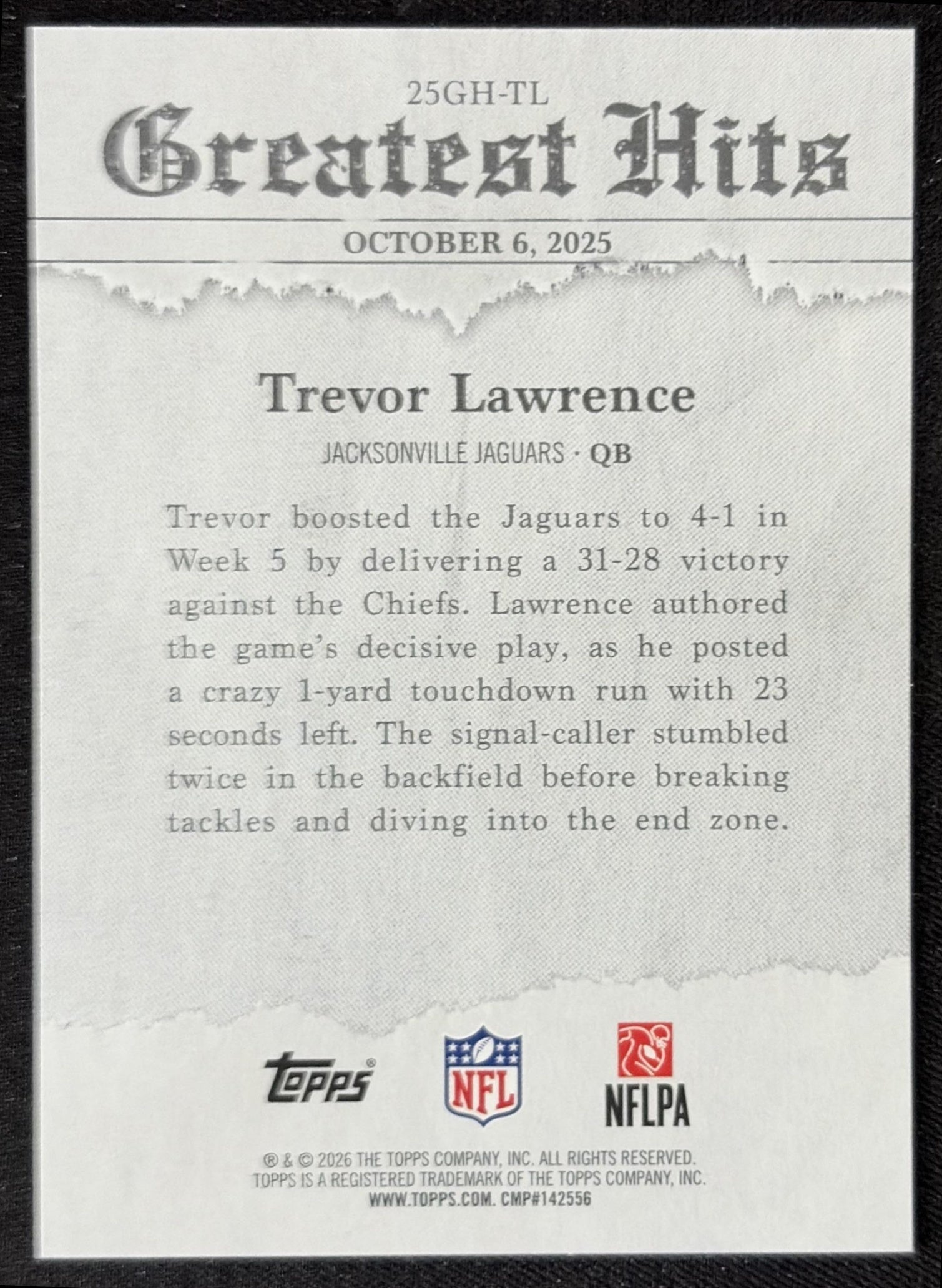 Trevor Lawrence 2026 Topps 2025 Greatest Hits Jaguars back