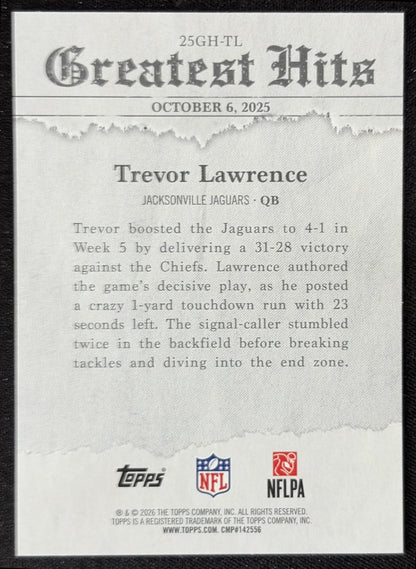Trevor Lawrence 2026 Topps 2025 Greatest Hits Jaguars back