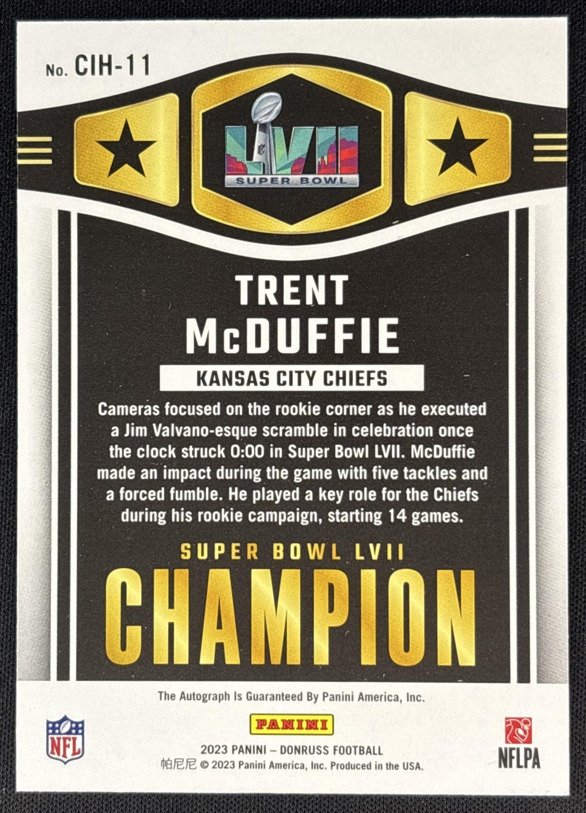 Trent McDuffie 2023 Panini Donruss Champ is Here Auto /299 Chiefs back