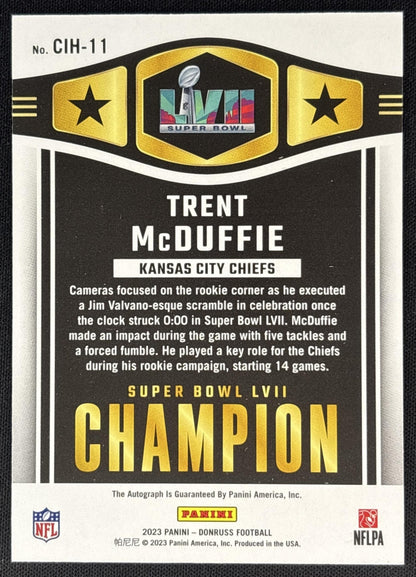Trent McDuffie 2023 Panini Donruss Champ is Here Auto /299 Chiefs back