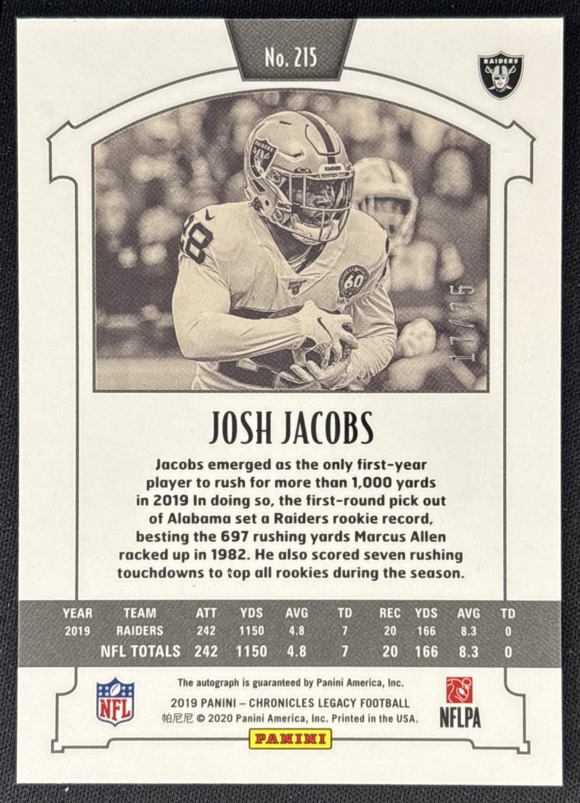 Josh Jacobs 2019 Chronicles Legacy Update Rookies Signatures Green /25 Raiders Back