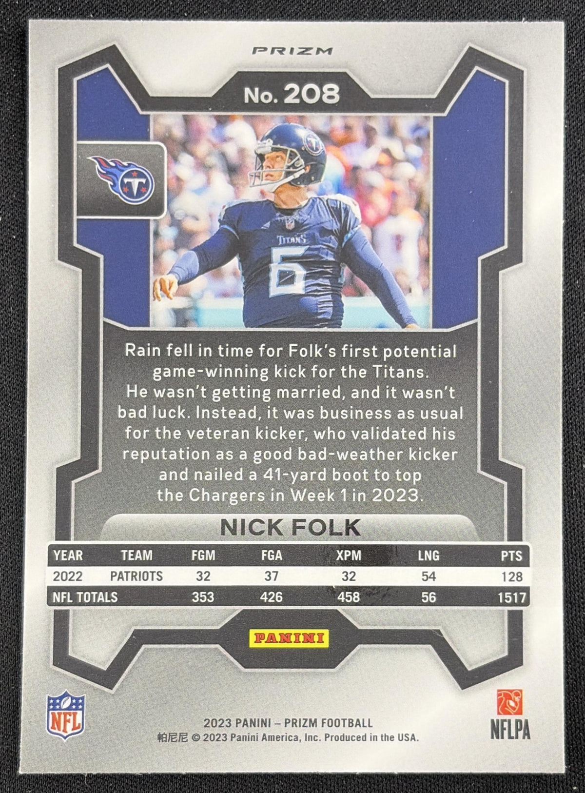 Nick Folk 2023 Panini Prizm Orange Ice Titans Sports Trading Card