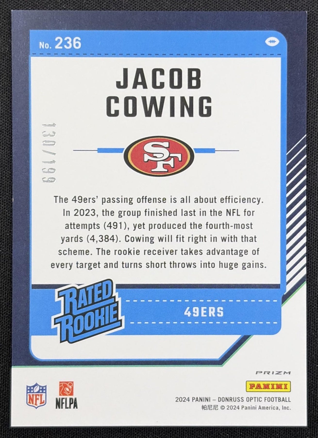 Jacob Cowing 2024 Panini Donruss Optic Blue /199 49ers