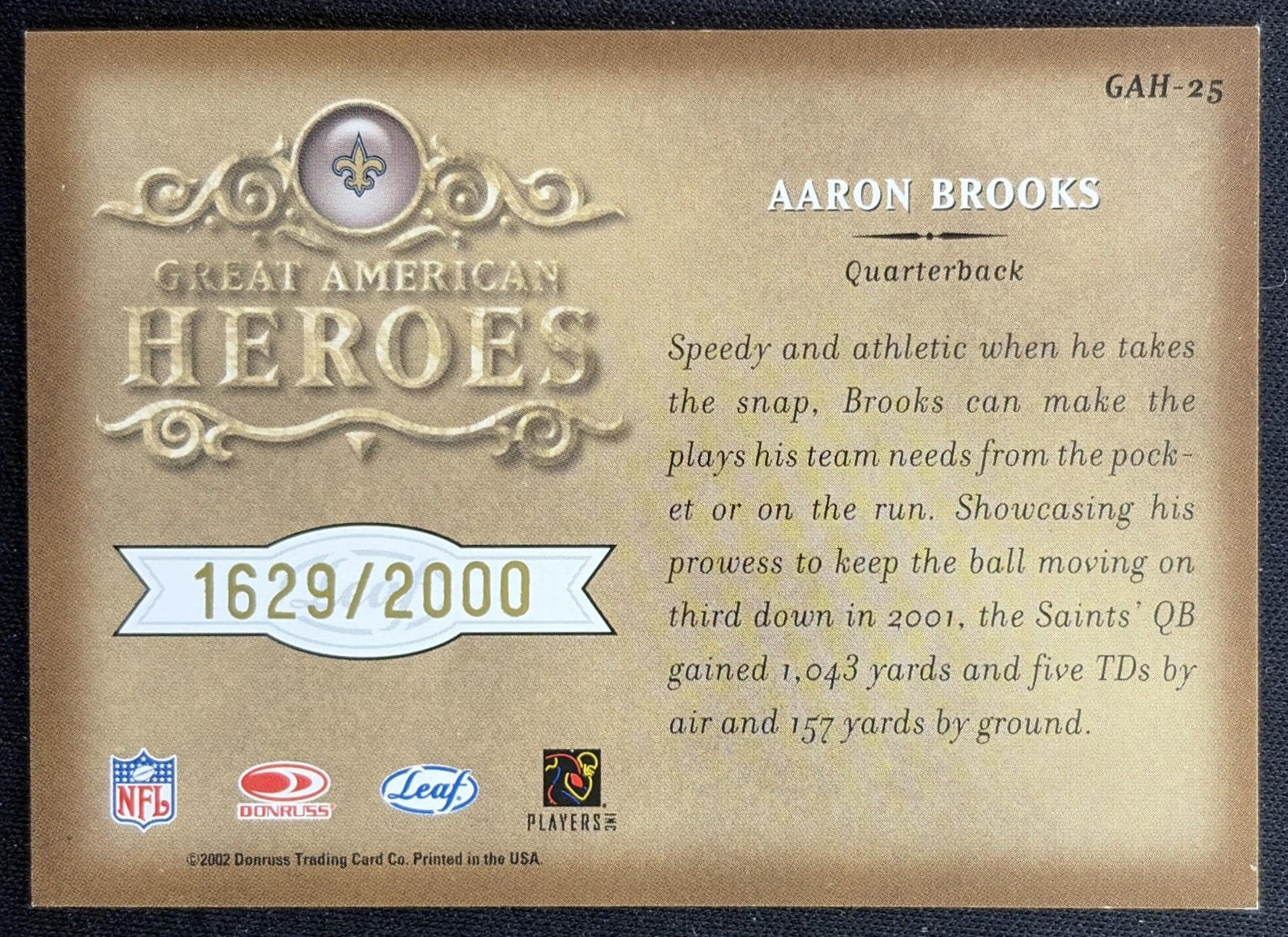 Aaron Brooks 2002 Leaf Rookies & Stars Great American Heroes /2000 Saints back