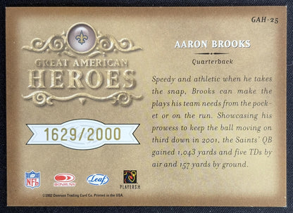 Aaron Brooks 2002 Leaf Rookies & Stars Great American Heroes /2000 Saints back