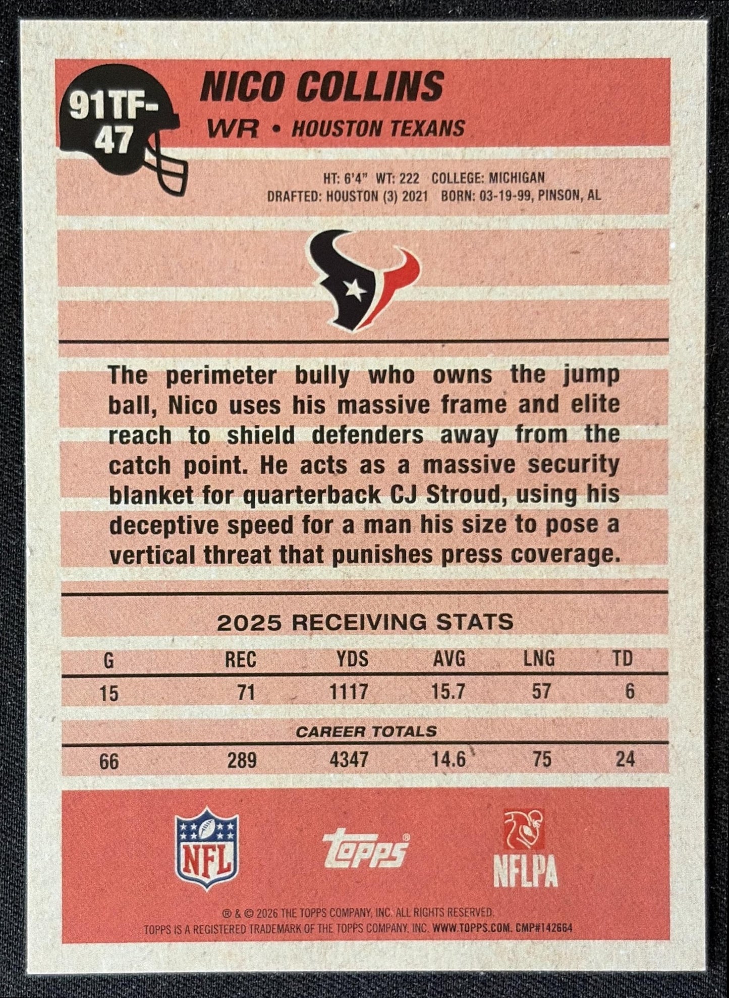 Nico Collins 2026 Topps 1991 Texans back