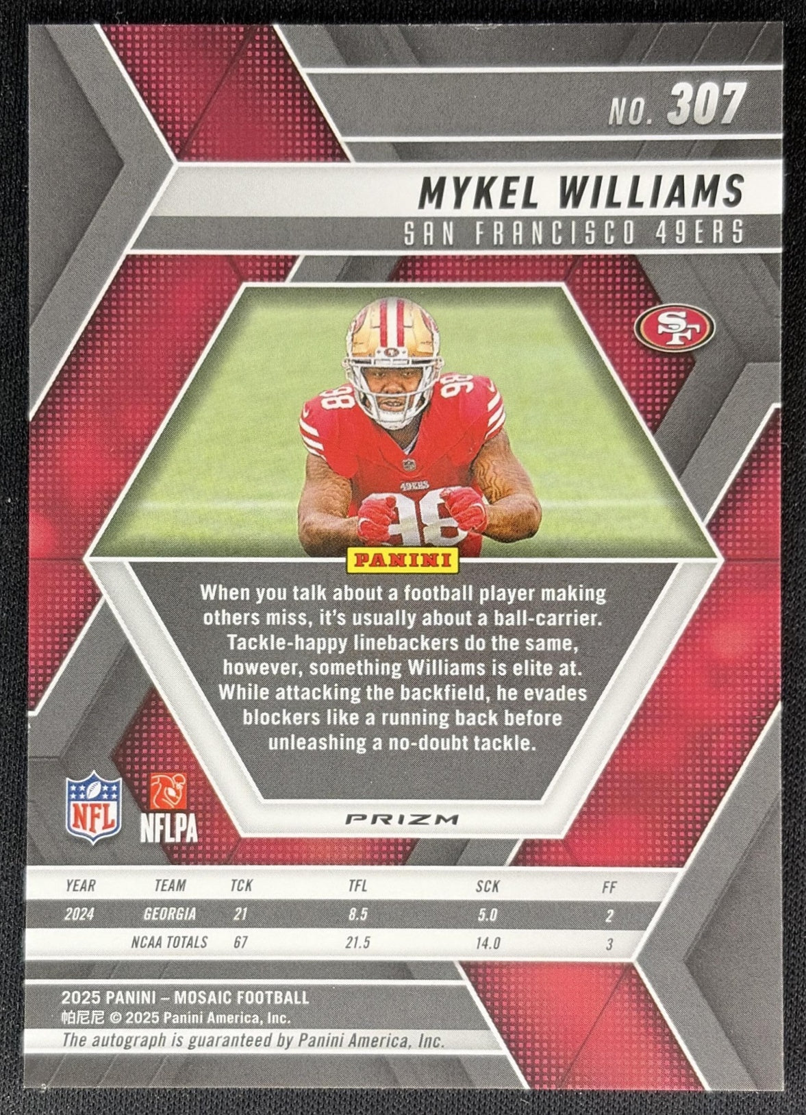 Mykel Williams 2025 Panini Mosaic Rookie Auto 49ers back