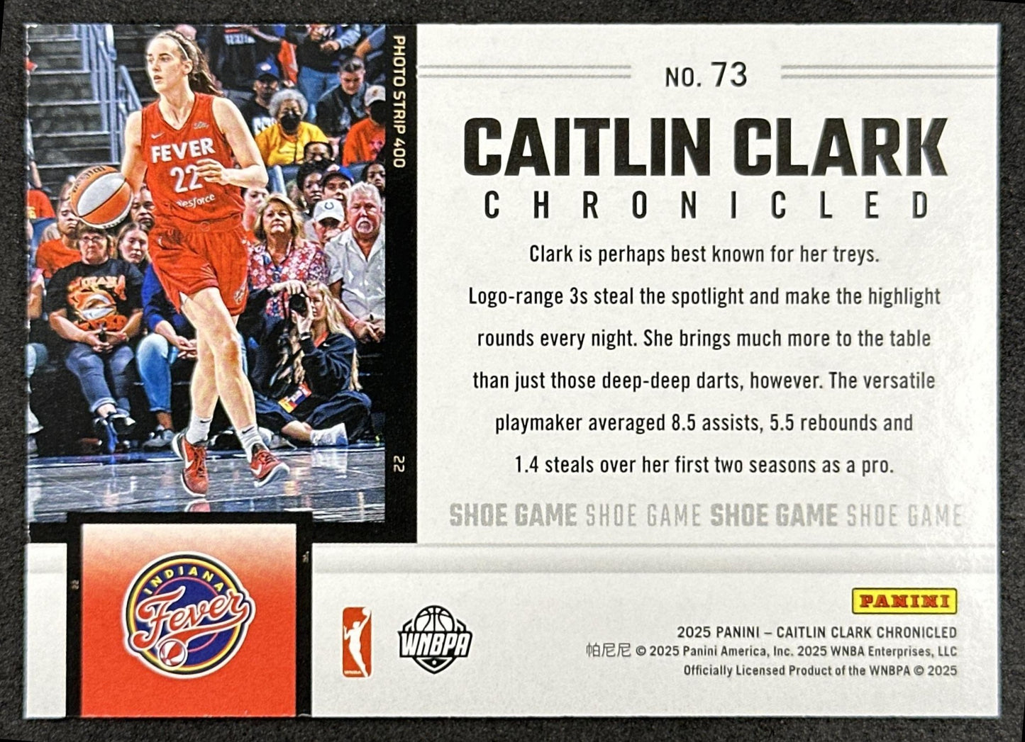 Caitlin Clark 2025 Panini Chronicled Shoe Game Holo Fever 73 Indiana Fever
