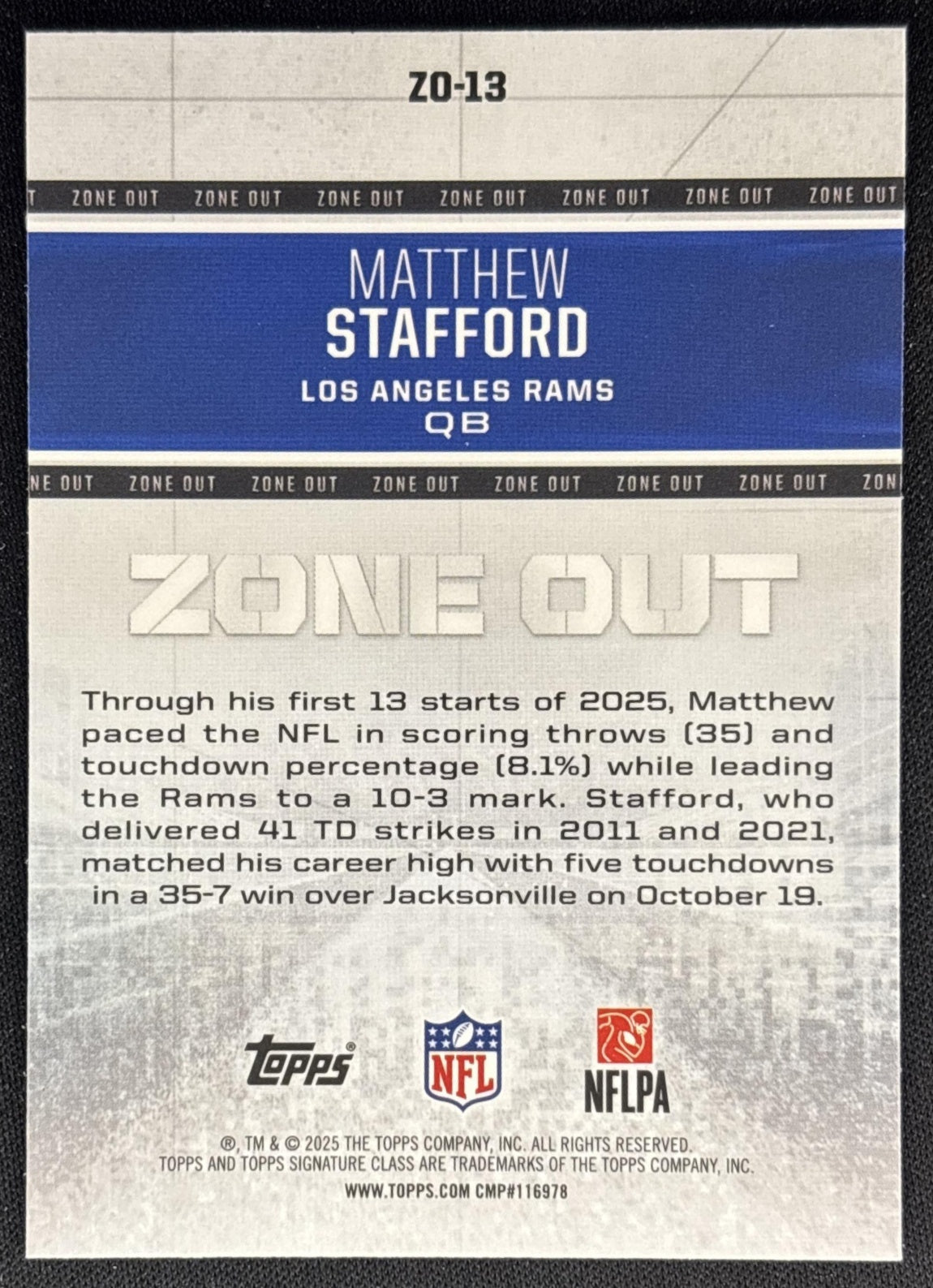 Matthew Stafford 2025 Topps Signature Class Zone Out Rams Back