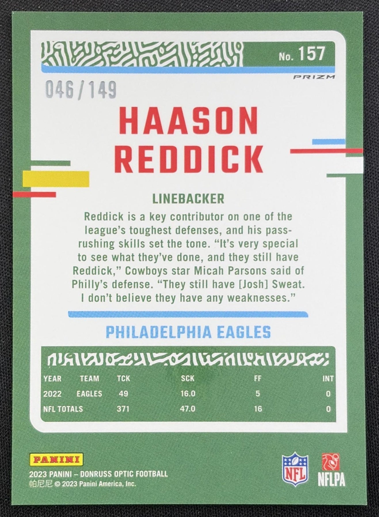 Haason Reddick 2023 Panini Donruss Optic Flex Emoji Prizm /149 Eagles