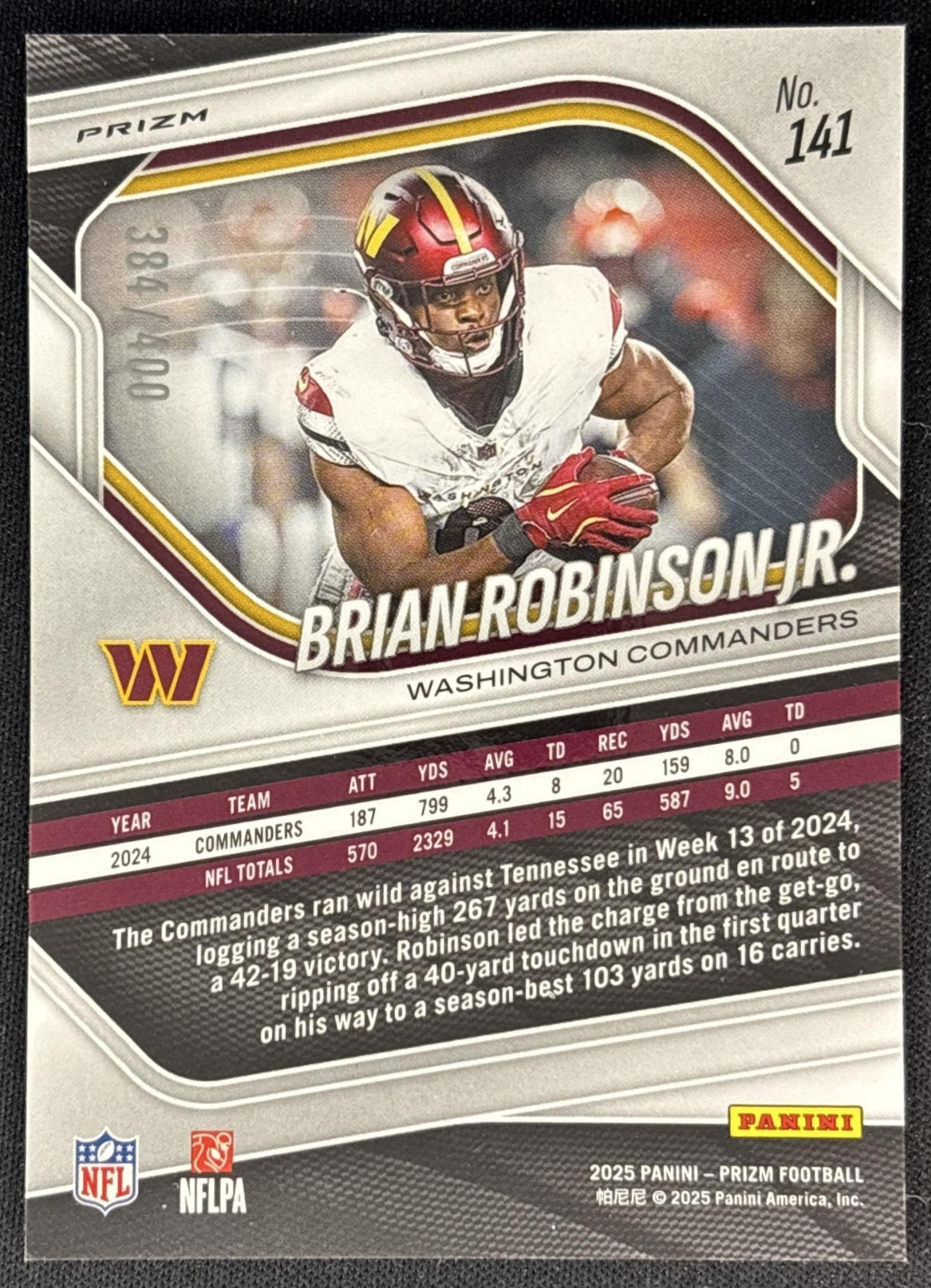Brian Robinson Jr. 2025 Panini Prizm Pandora /400 Commanders back