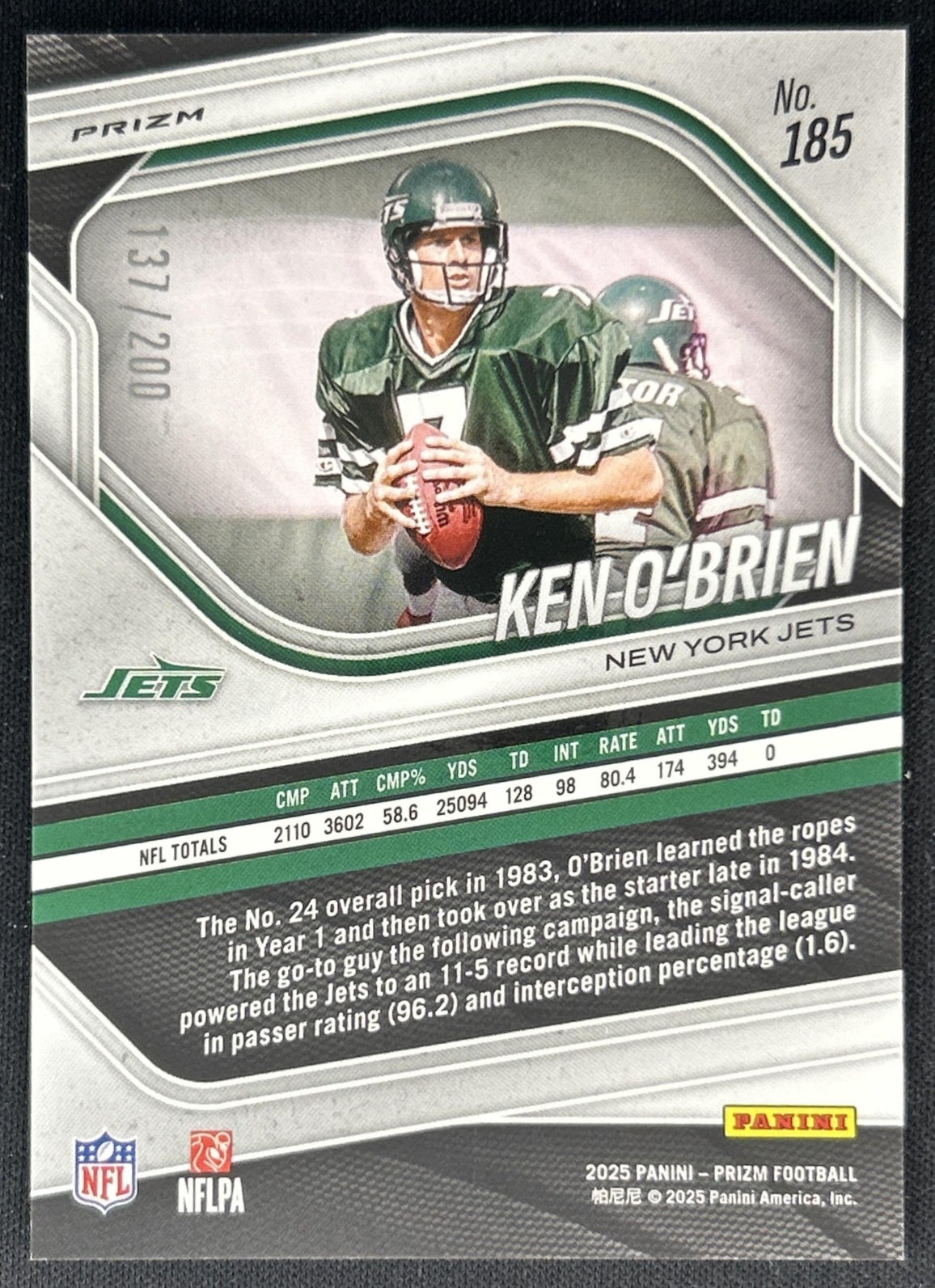 Ken O'Brien 2025 Panini Prizm Hyper /200 Jets Back