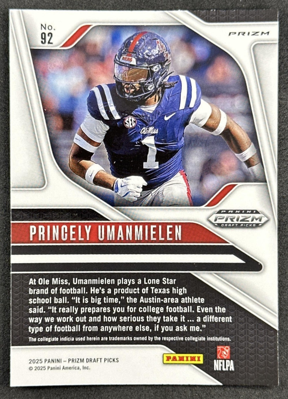 Princely Umanmielen 2025 Panini Prizm Draft Picks Purple Wave Rebels Panthers