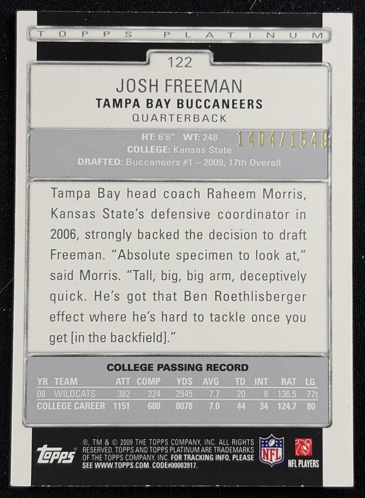 Josh Freeman 2009 Topps Platinum Rookie Variation /1549 Buccaneers Sports Trading Card