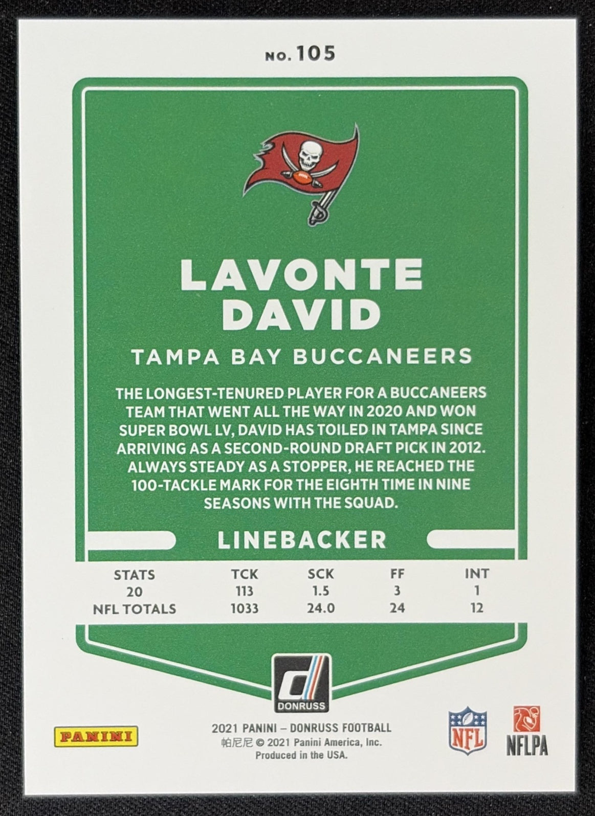 Lavonte David 2021 Panini Donruss Press Proof Premium Buccaneers - Tampa Bay Buccaneers