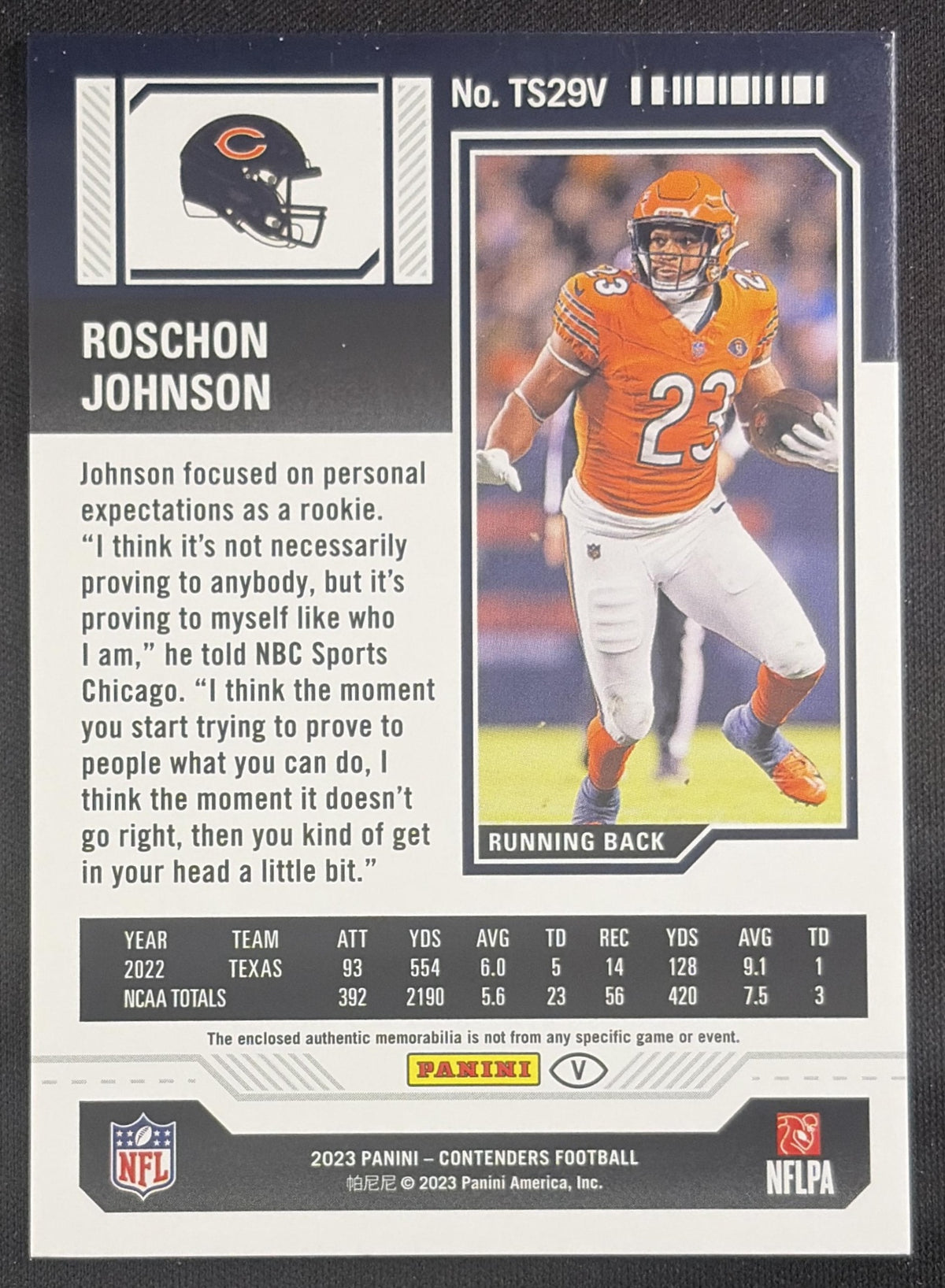 Roschon Johnson 2023 Panini Contenders Rookie Ticket Swatches Variations Bears