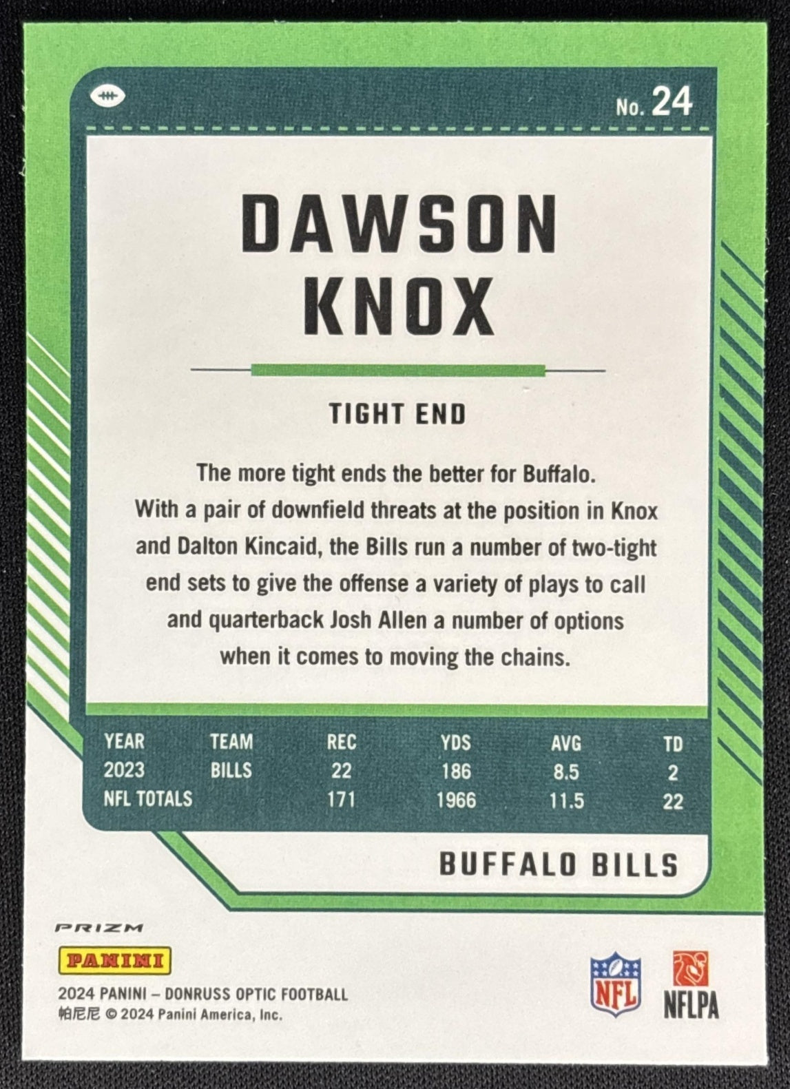 Dawson Knox 2024 Panini Donruss Optic Holo Bills Sports Trading Card