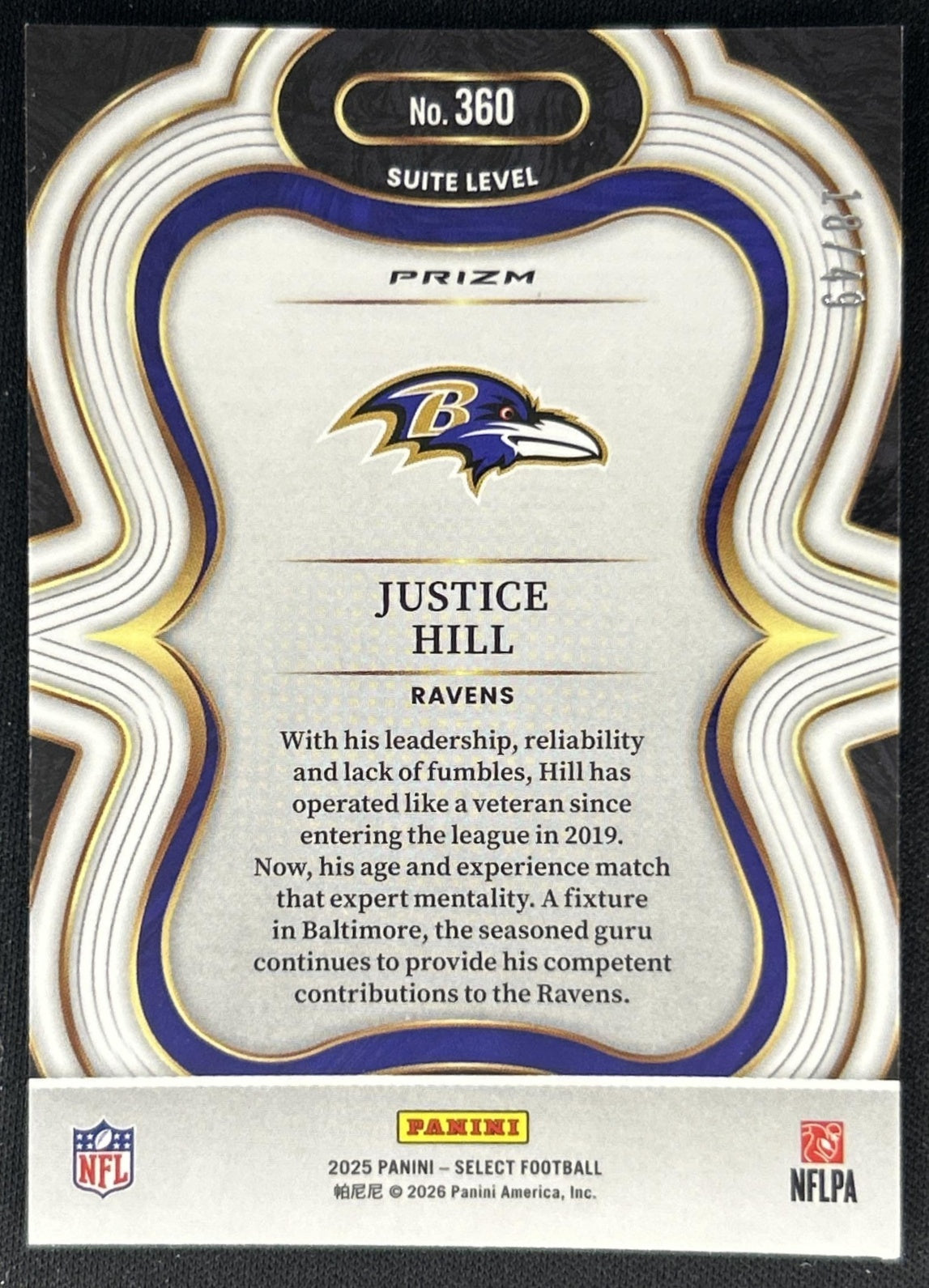 Justice Hill 2025 Panini Select Suite Level Red Prizm /49 Ravens back