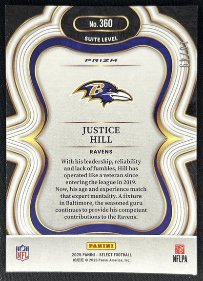 Justice Hill 2025 Panini Select Suite Level Red Prizm /49 Ravens back