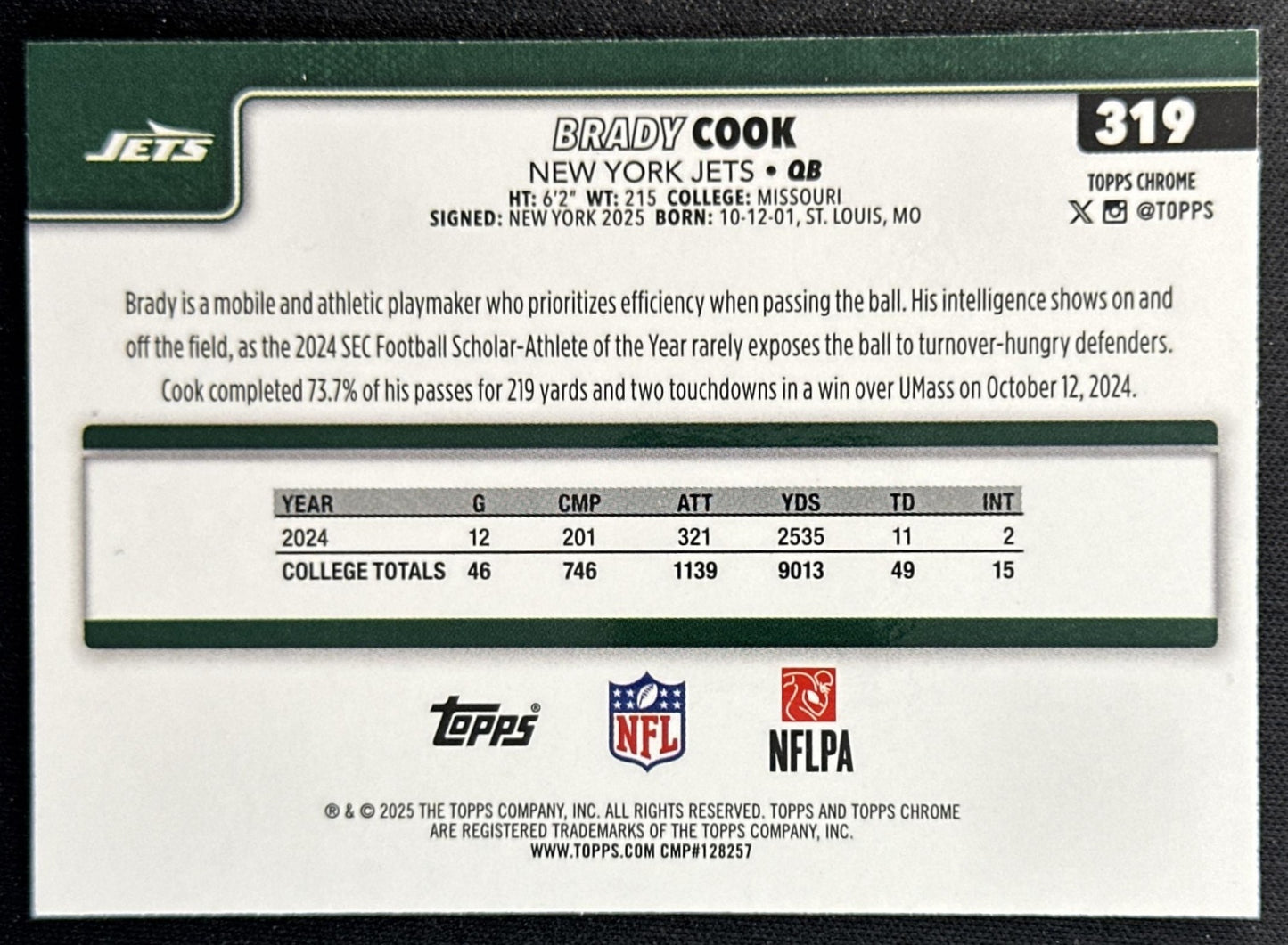 Brady Cook 2025 Topps Chrome Rookie Purple Refractor /75 Jets