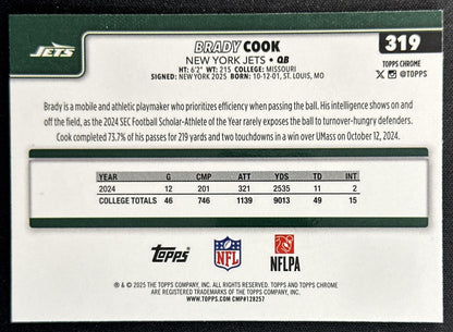 Brady Cook 2025 Topps Chrome Rookie Purple Refractor /75 Jets