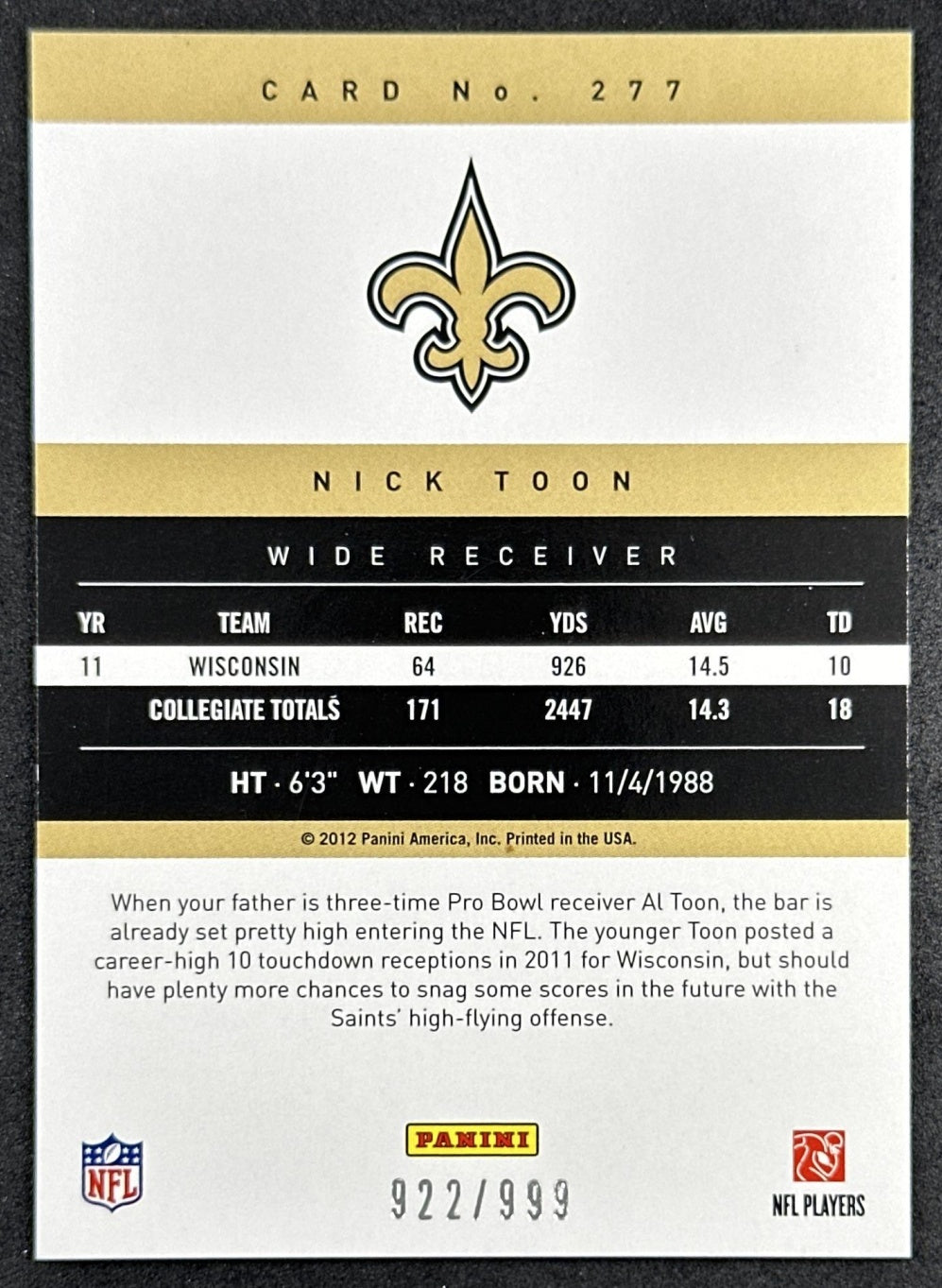 Nick Toon 2012 Panini Prestige Extra Points Blue /999 Saints Sports Trading Cards