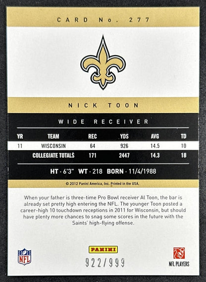 Nick Toon 2012 Panini Prestige Extra Points Blue /999 Saints Sports Trading Cards