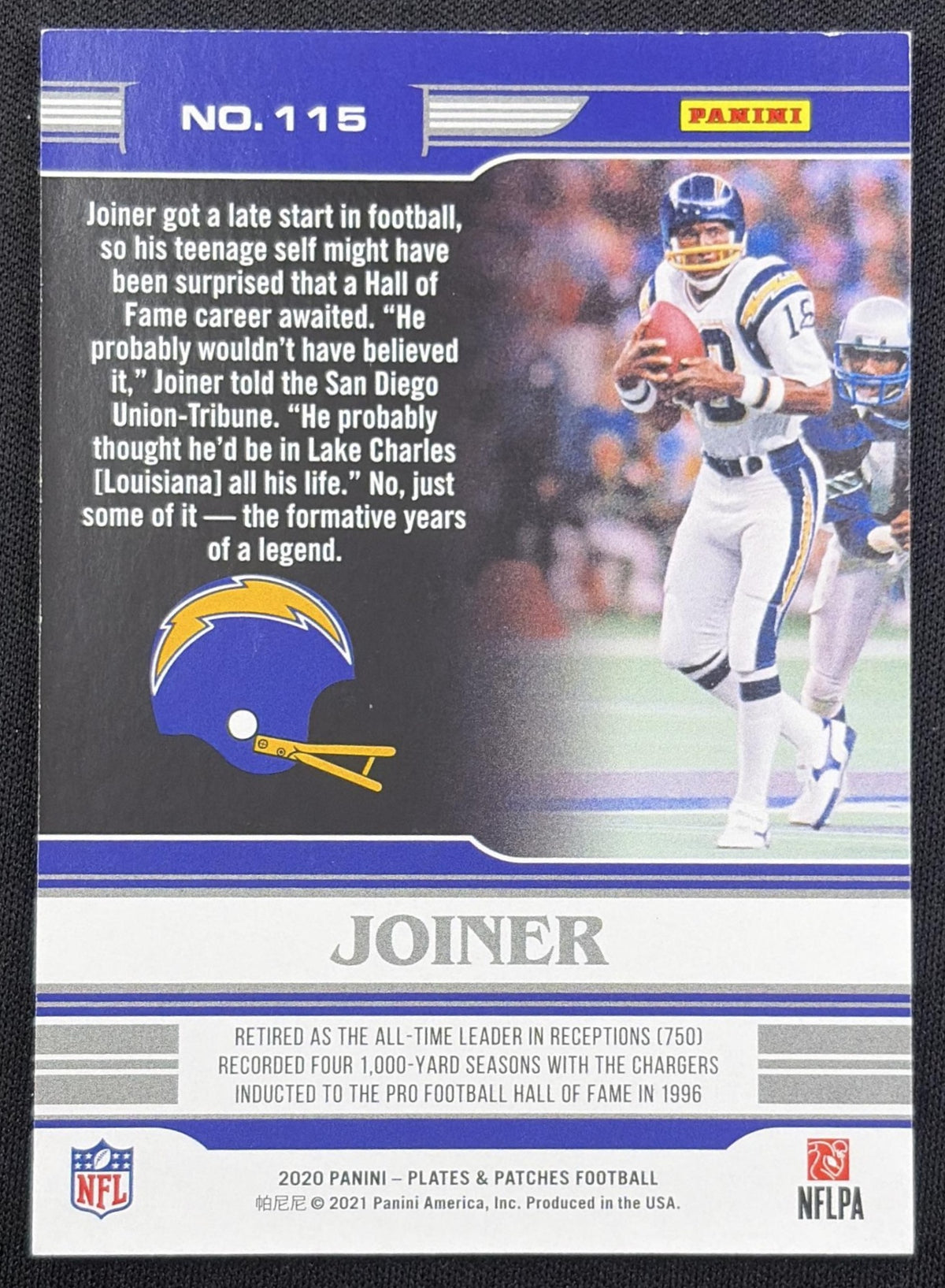Charlie Joiner 2020 Panini Plates & Patches Green /25 Chargers back