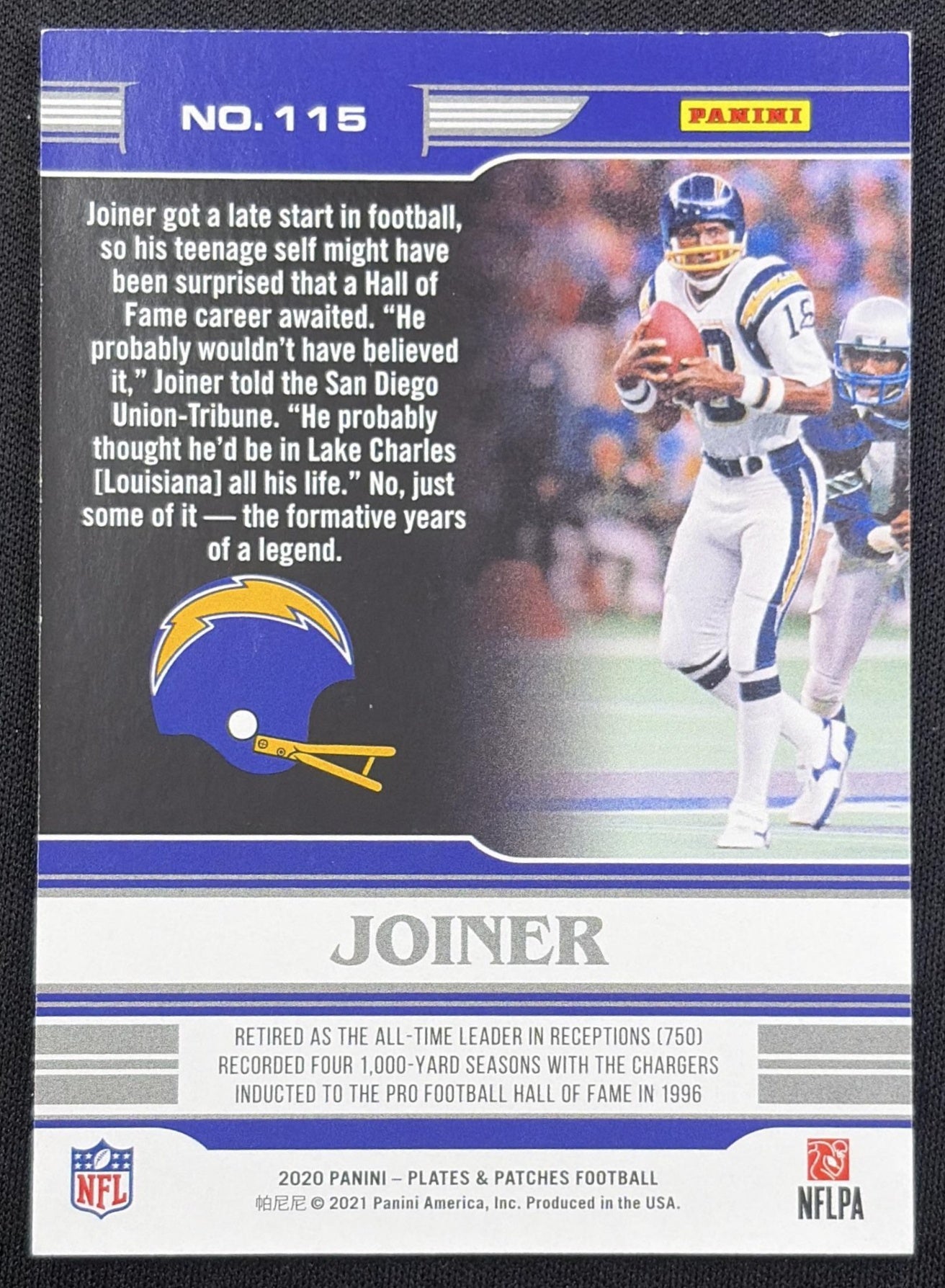 Charlie Joiner 2020 Panini Plates & Patches Green /25 Chargers back