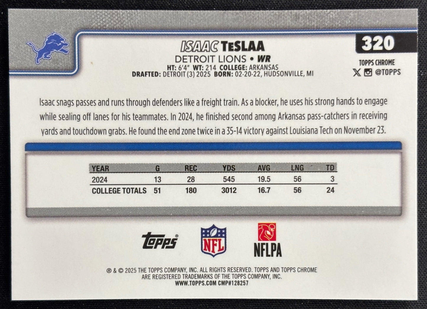 Isaac TeSlaa 2025 Topps Chrome Rookie Lions Sports Trading Cards