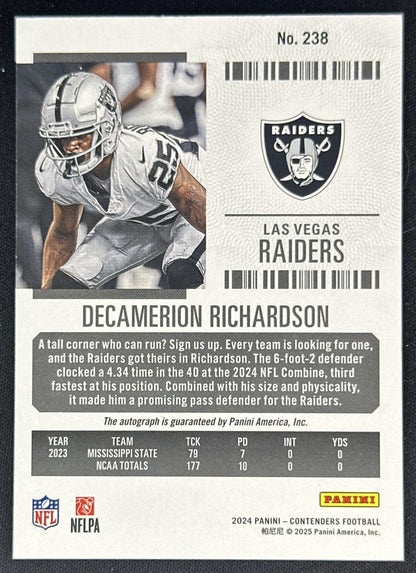 Decamerion Richardson 2024 Panini Contenders Rookie Ticket Auto Raiders Sports Trading Cards