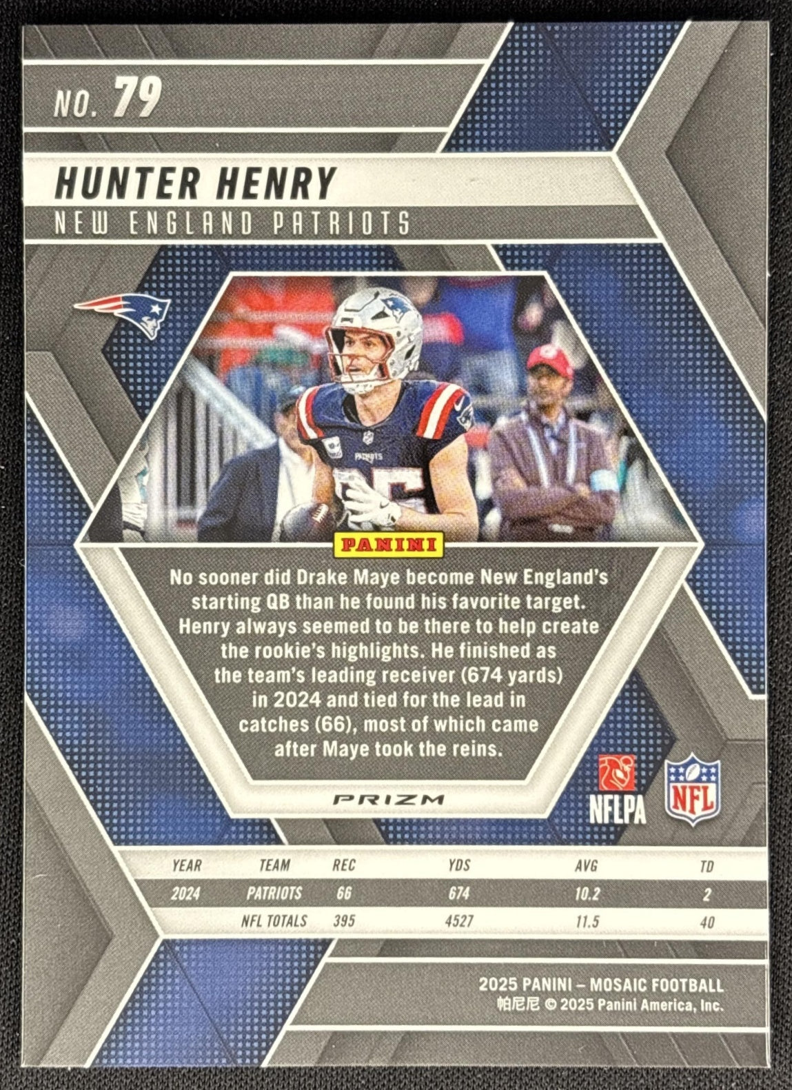Hunter Henry 2025 Panini Mosaic Blue Scope Prizm Patriots back