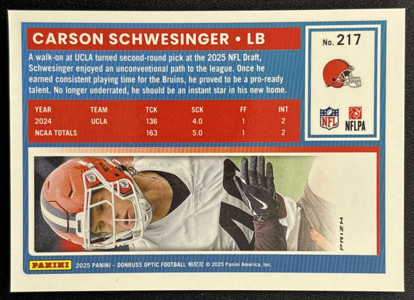 Carson Schwesinger 2025 Panini Donruss Optic Rated Rookie Holo Prizm Browns Sports Trading Cards