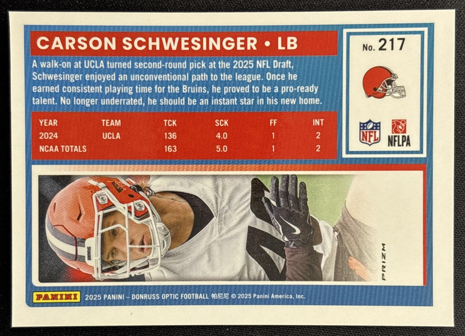Carson Schwesinger 2025 Panini Donruss Optic Rated Rookie Holo Prizm Browns Sports Trading Cards