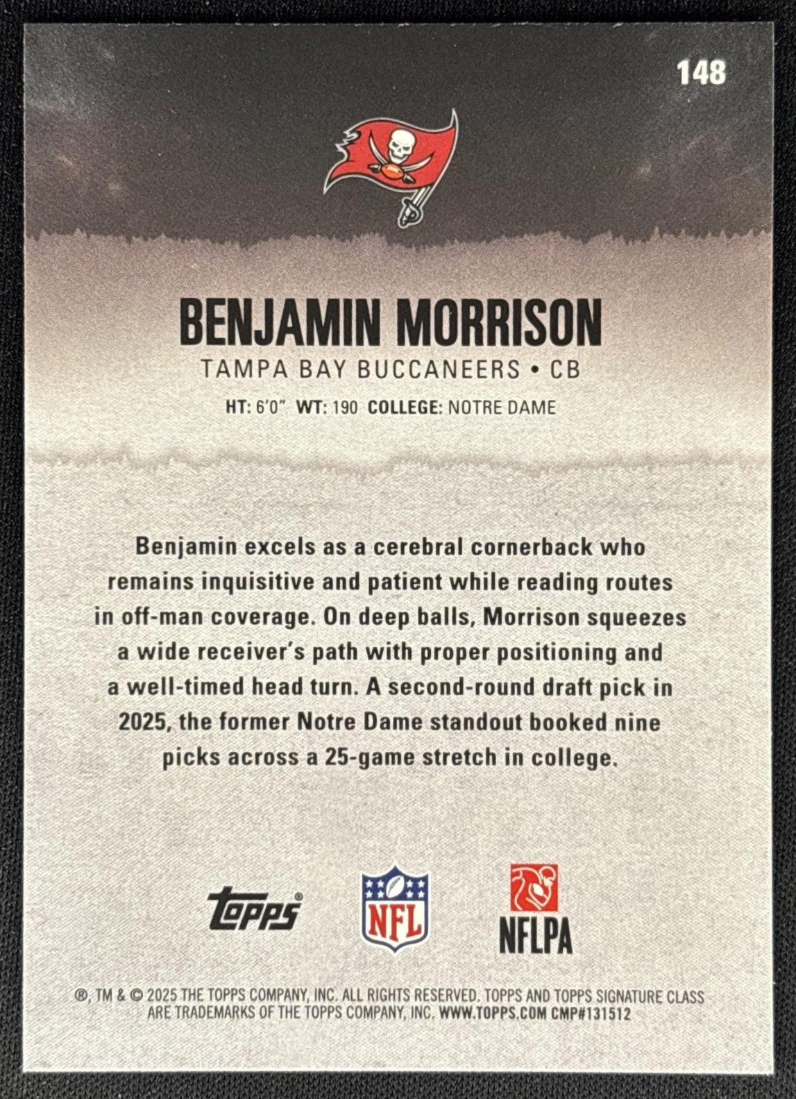 Benjamin Morrison 2025 Signature Class Rookie Blue & Yellow Foil Buccaneers - Back