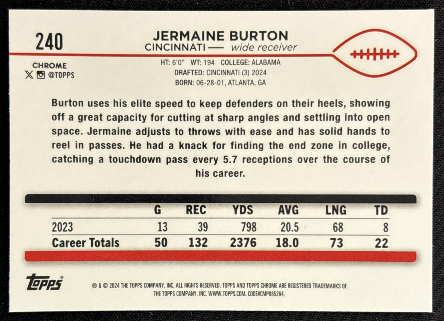 Jermaine Burton 2024 Topps Chrome Sepia Refractor Bengals back