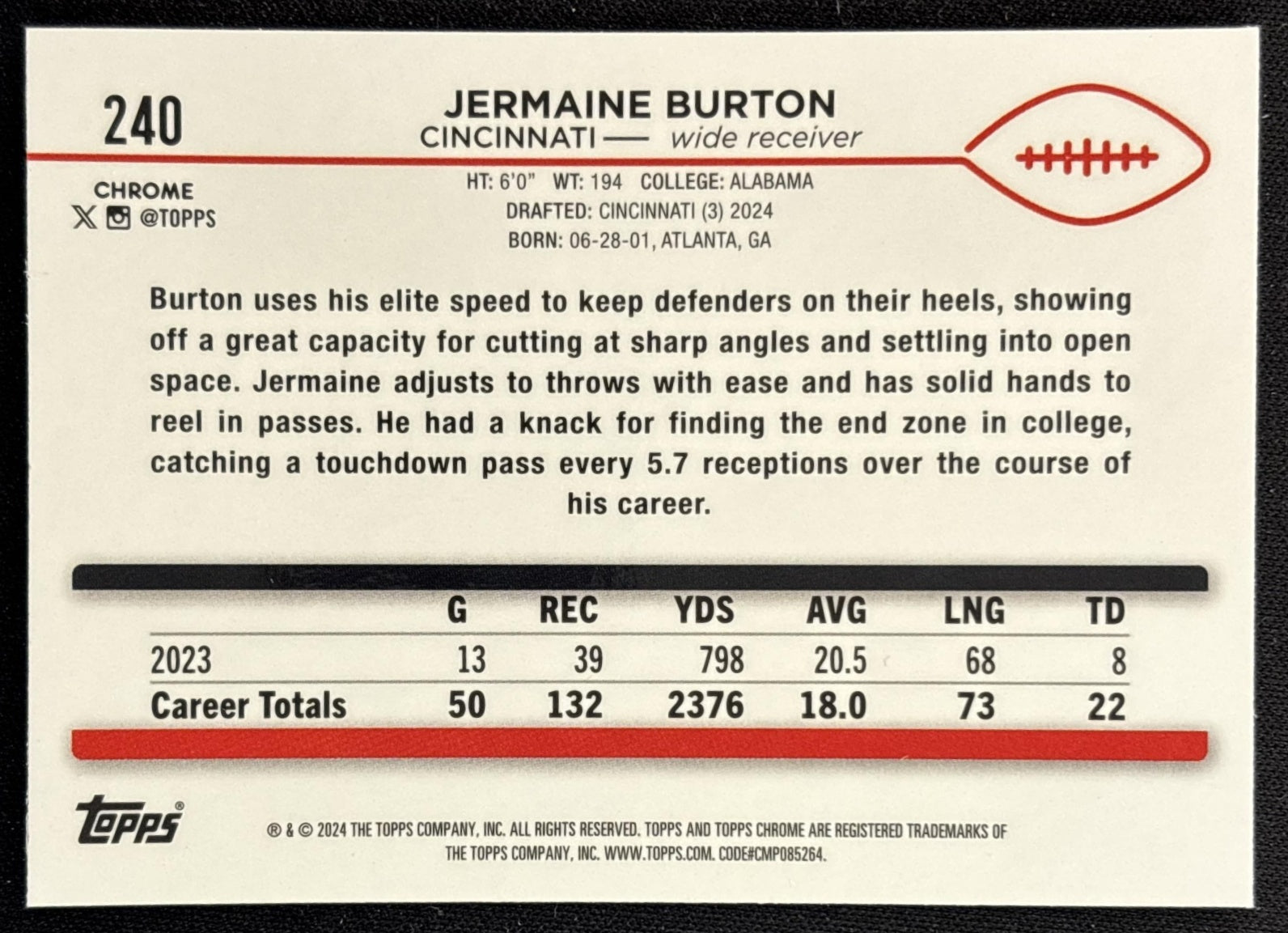 Jermaine Burton 2024 Topps Chrome Sepia Refractor Bengals back
