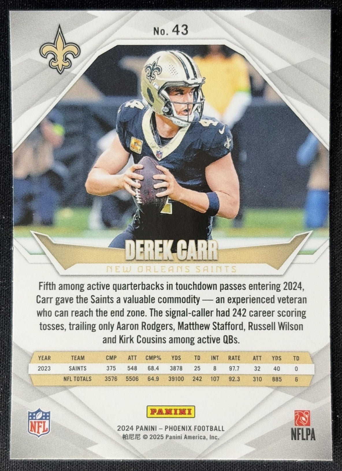 Derek Carr 2024 Panini Phoenix International Saints back