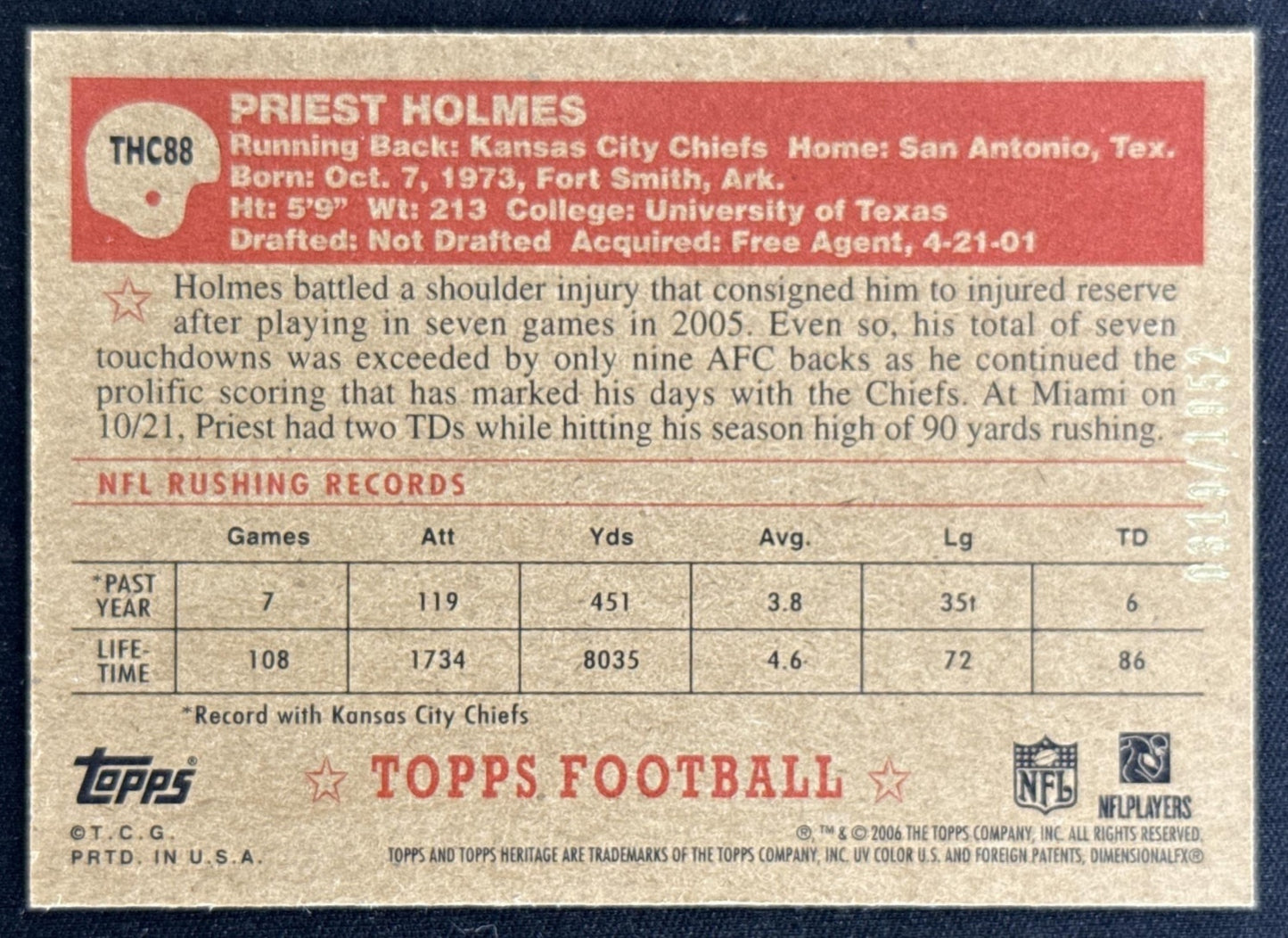 Priest Holmes 2006 Topps Heritage Chrome /1952 Chiefs