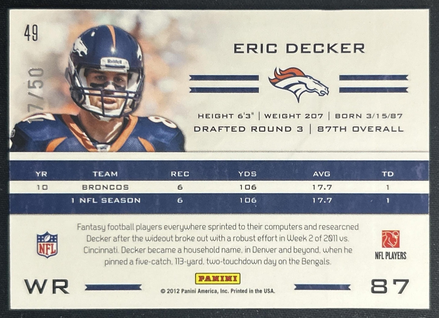 Eric Decker 2011 Panini Totally Certified Blue /50 Broncos back