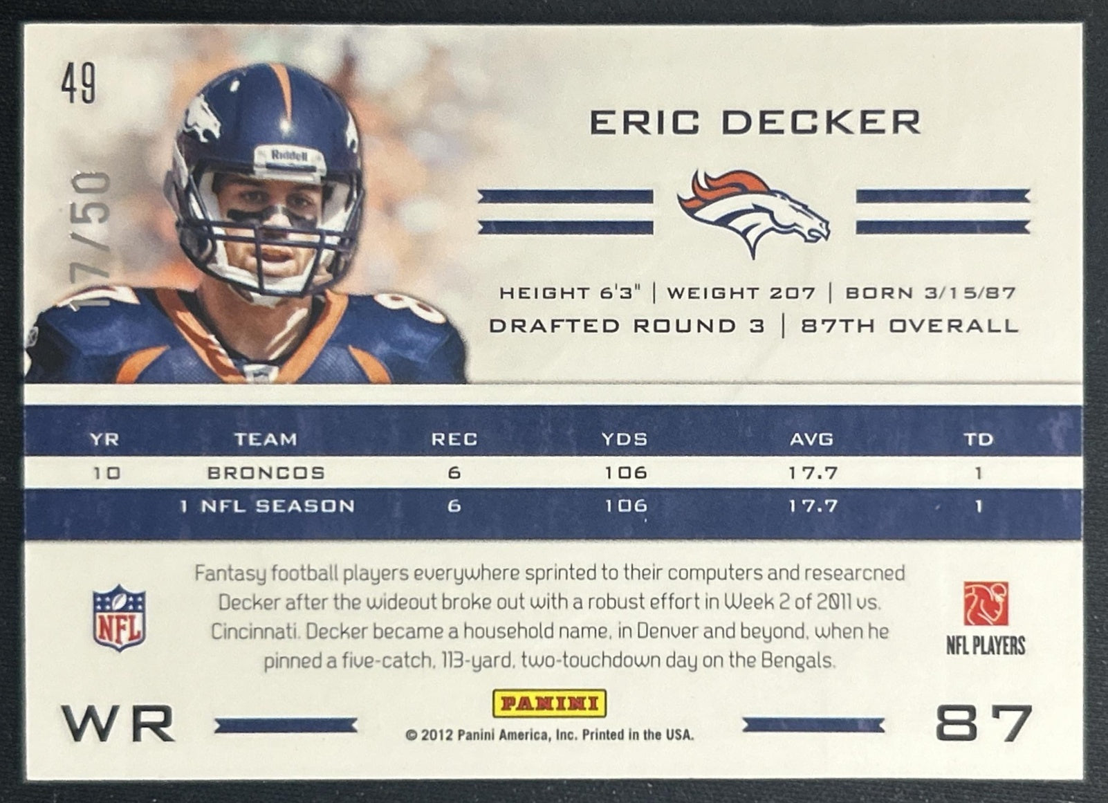 Eric Decker 2011 Panini Totally Certified Blue /50 Broncos back