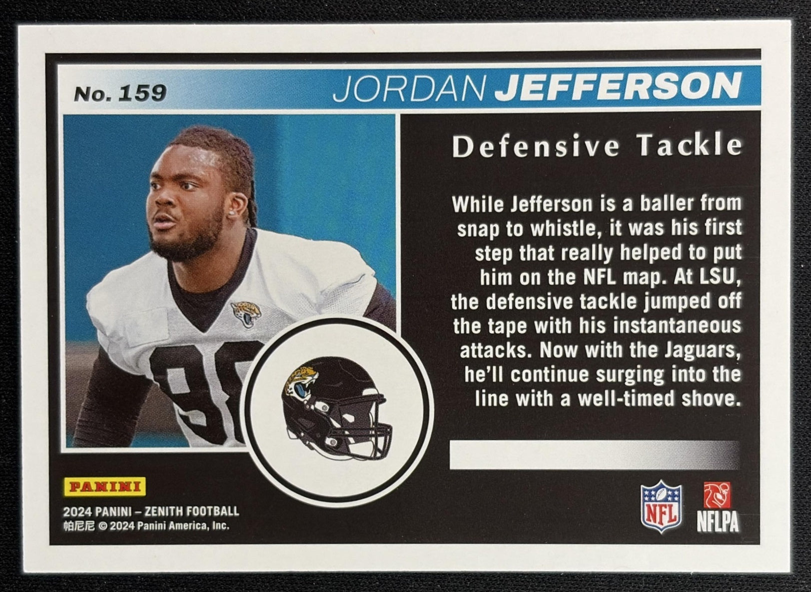 Jordan Jefferson 2024 Panini Zenith 1st Prospect Down /100 Jaguars back